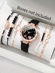 Stylish classic alloy diamond set ladies Rhinestone Mirror ladies quartz watch with feather leather bracelet set