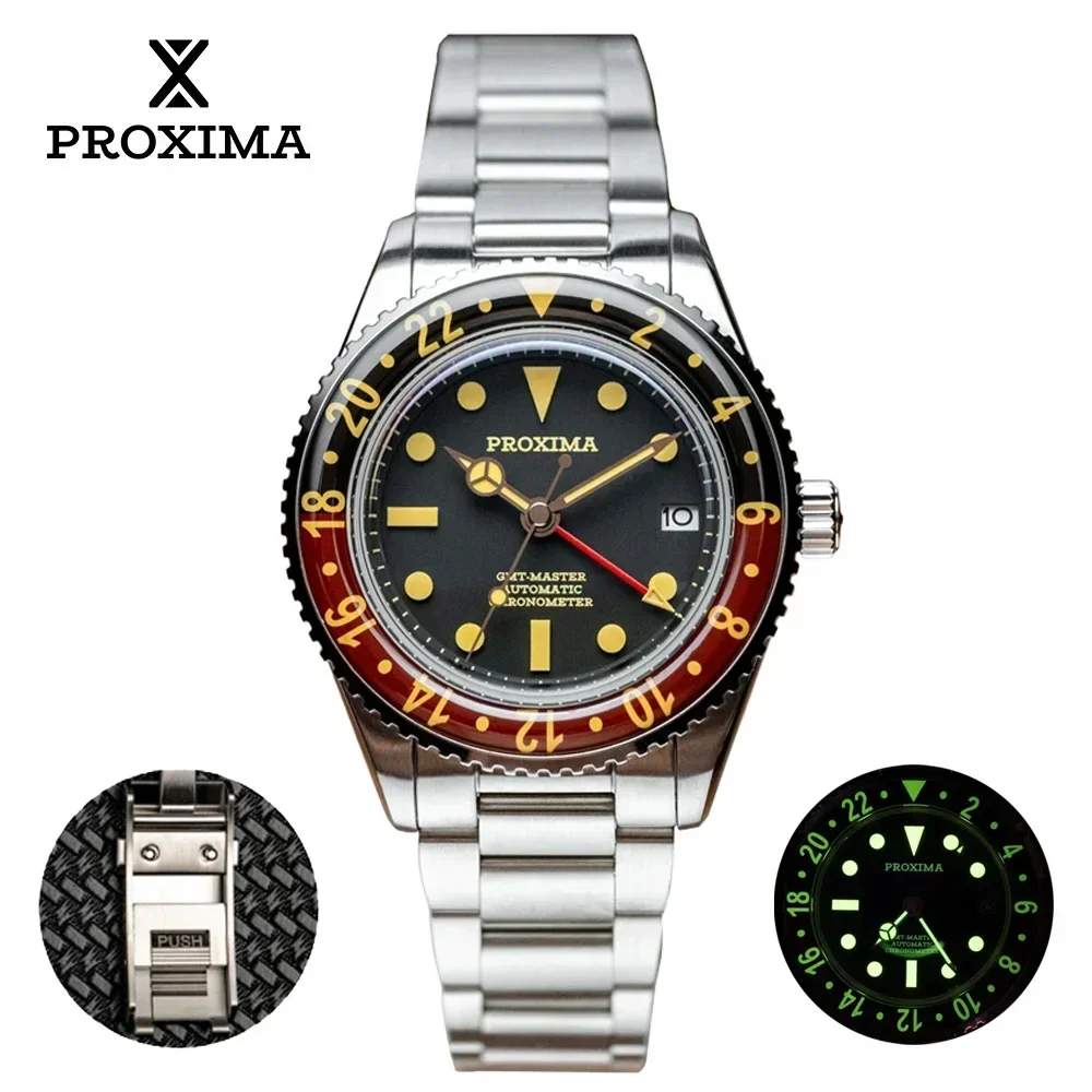 2024 New PX1719 NH34 GMT Luxury Sports Style Full Luminous Bidirectional Sapphire Bezel Automatic Mechanical Watch 20 Bar