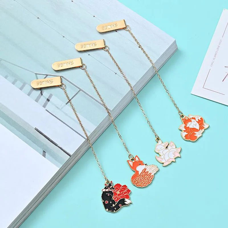 1pc Kawaii Pendant Bookmark Korean Stationery Office School Supplies Escolar Papelaria Nine Tailed Fox Book Mark Metal Bookmark