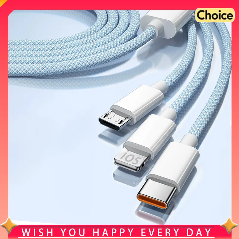 100W Super Fast Charging Macaron Braided 3 in 1 Cable for iPhone Android Type C Charger