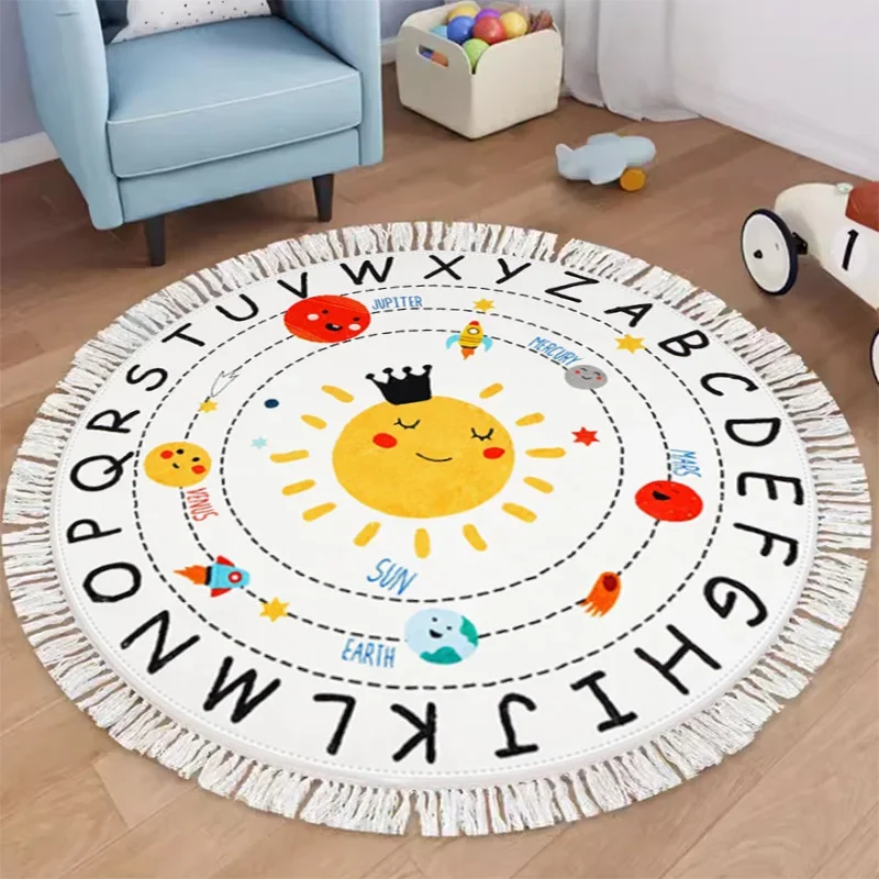 

Round Living Room Carpet Cartoon Cute Pattern Tassel Rug Machine Washable Folding Children's Bedroom Mat Alfombra Tapis 거실 카펫