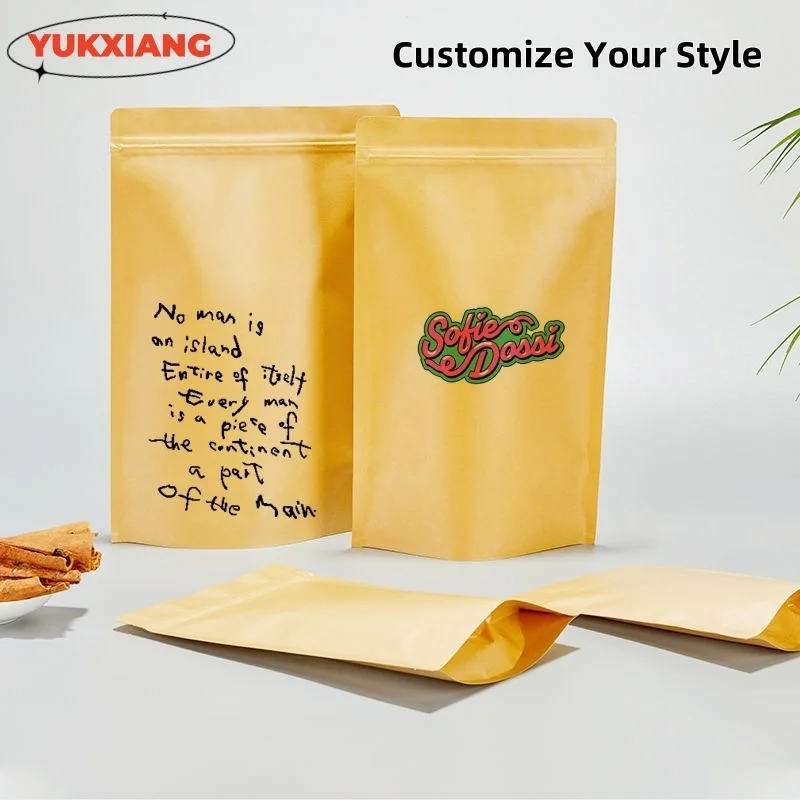 Custom Kraft Paper Printed Zipper Bag, Self-Supporting, Waterproof, Moisture-Proof, Gift, Tea, Nut, Biscuit, Deli, Snack