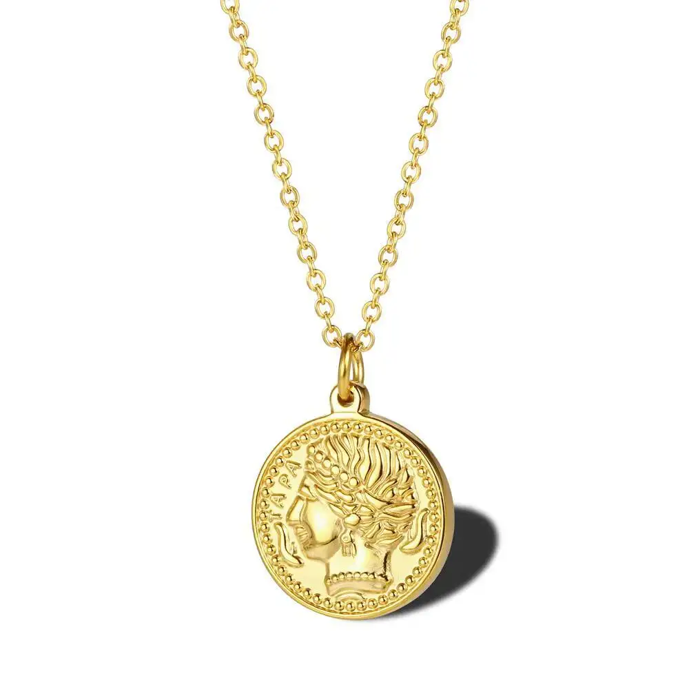 Women Delicate Gold Plated Elizabeth Queen Coin Pendant Necklace Jewelry Gift In Stainless Steel