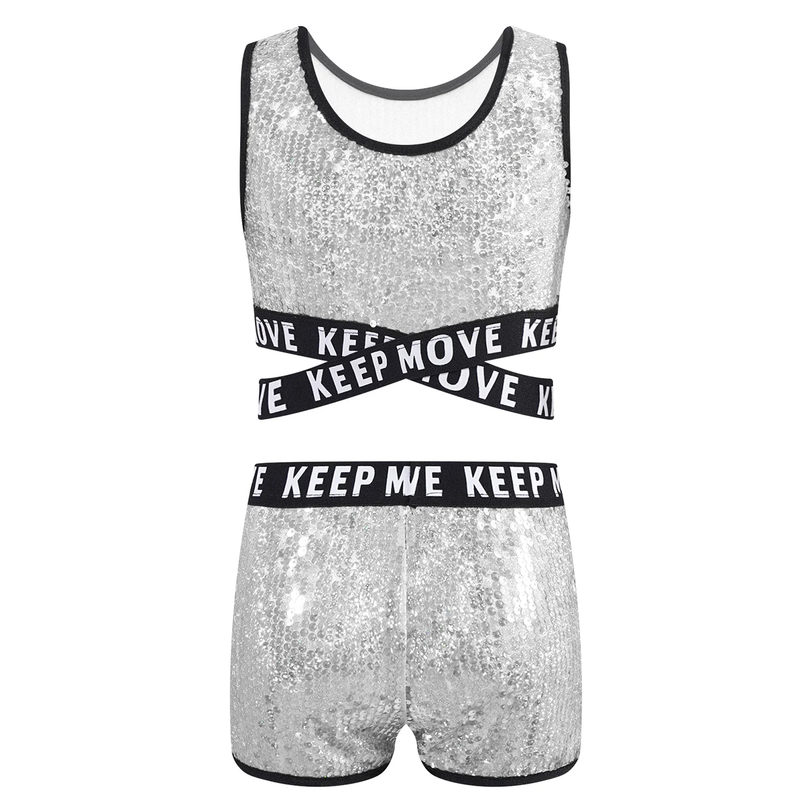 Kids Girls Hip Hop Dance Clothing Sparkling Sequins Ballroom Jazz Dance Costumes Sleeveless Tank Crop Top With Shorts Set Outfit