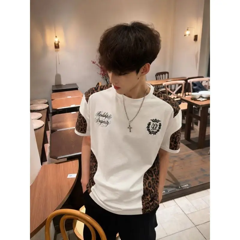 deconstruction splicing leopard print short-sleeved T-shirt for men and women couples summer new versatile heavy top