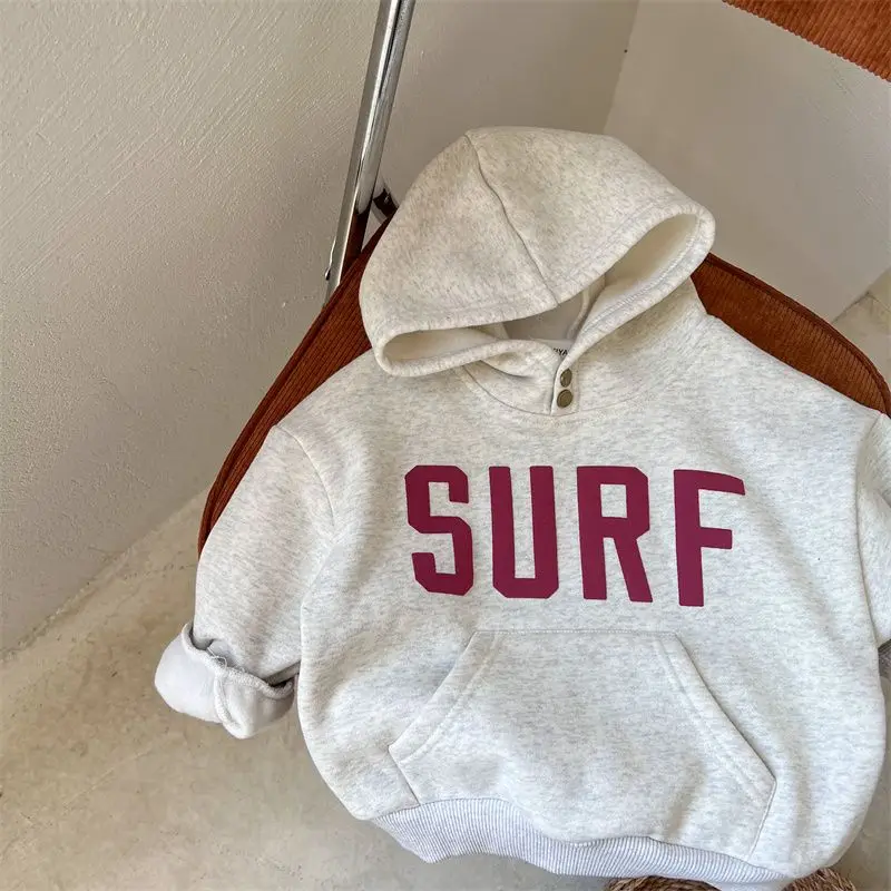 

Autumn Children's Hoodie Sweatshirts 1-7Y Loose Thickened Letter Korean Style Baby Boys Girls Plush Sweater Casual Top Winter