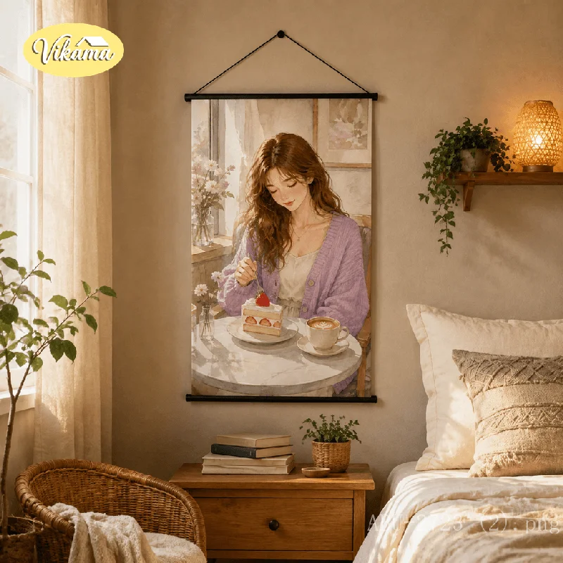 VIKAMA Watercolor Hanging Scroll Girl Eating Cake Coffee Shop Canvas Poster Wall Hanging Cottagecore Bedroom Aesthetic Decor