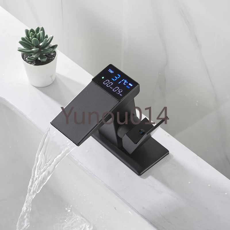 LCD Bathroom Basin Faucet, Digital Display Sink Mixer Faucet, Hot and Cold Sink Tap, Waterfall Deck Mounted