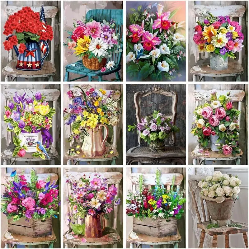 CHENISTORY Diamond Embroidery Cross Stitch Flowers On Chairs Kits Diy Diamond Art Painting Vase Pictures Of Rhinestones Mosaic C