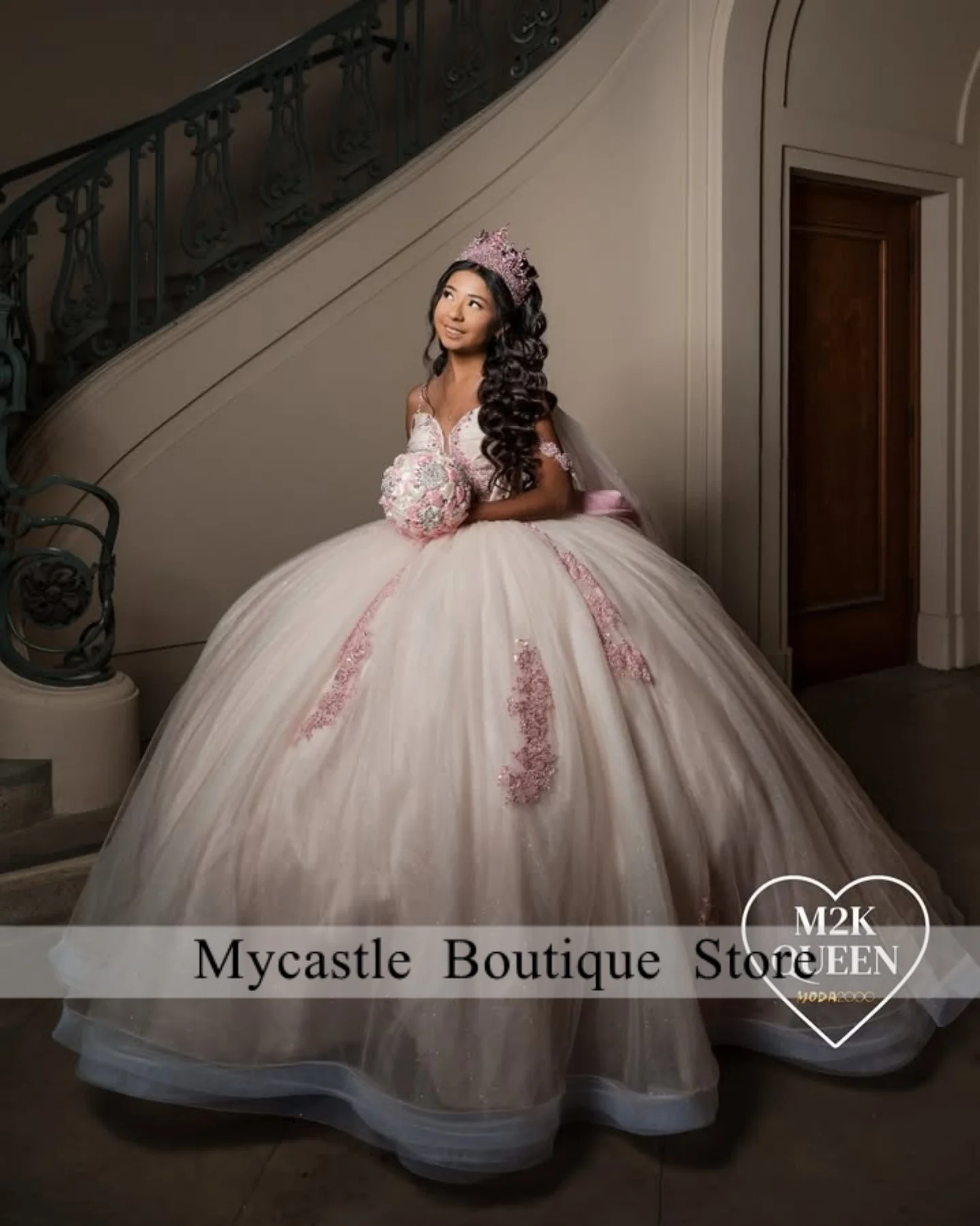 

Кремовое блестящее платье Quinceanera с розовыми аппликациями, 3D цветок, день рождения, вечеринка, со шлейфом, Vestidos De 15 Anos, по индивидуальному заказу