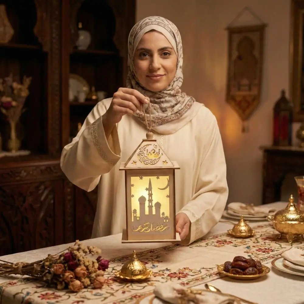 

Wooden Ramadan LED Lantern Hanging Hollow Moroccan Wind Lantern Moon Star Design Eid Mubarak Lantern Ramadan Celebration