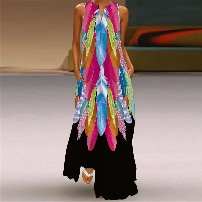 New Funny Lip Text Print Open Collar Long Dress 2024 Elegant And Sexy V-neck Pocket Loose Ankle-length A-Line Long Dress