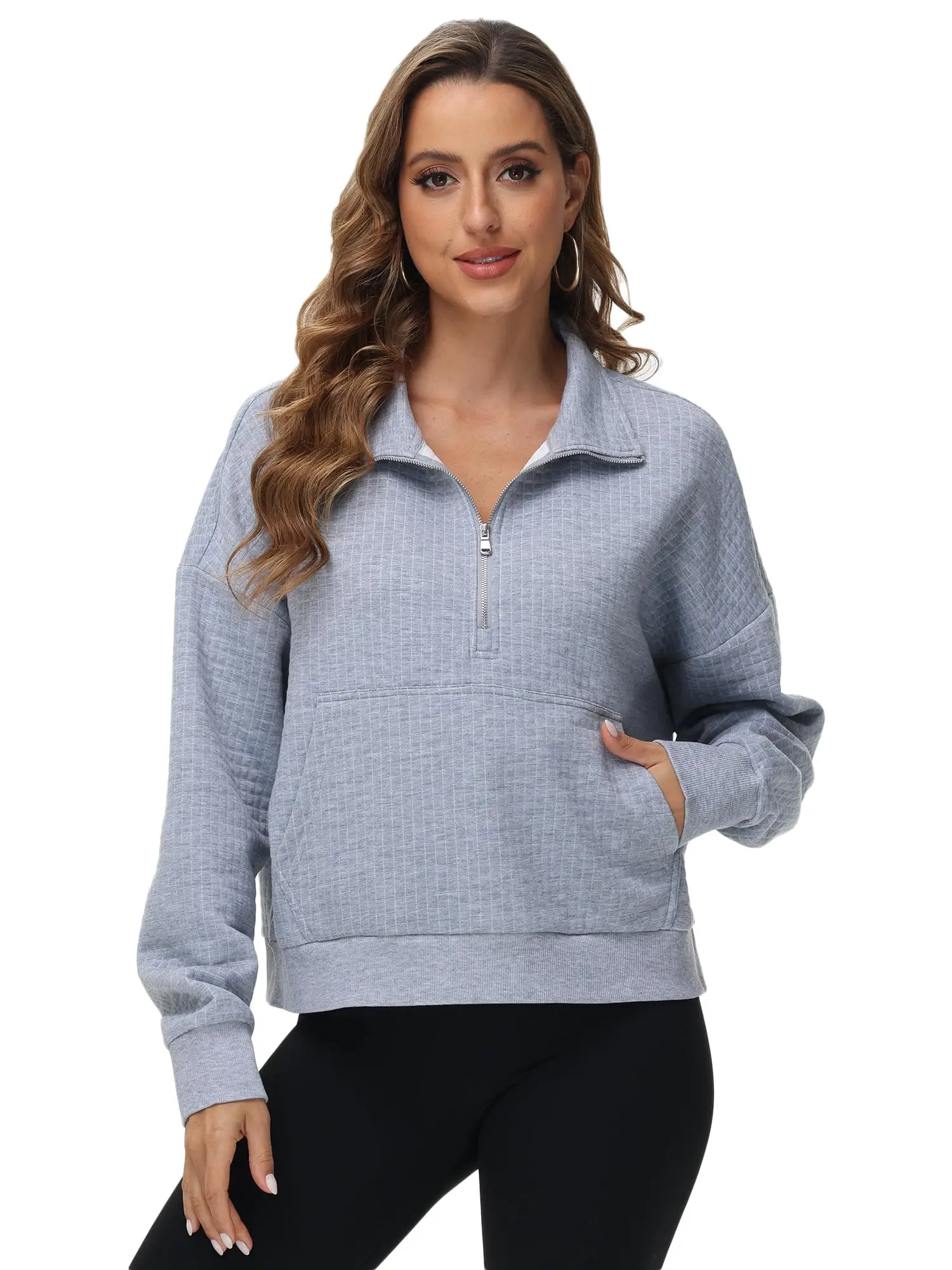 Women's Long Sleeve Casual Waffle Pullover Solid Warm Half Zipper Sweatshirts Tracksuits Short-style Hoodie for Autumn Winter