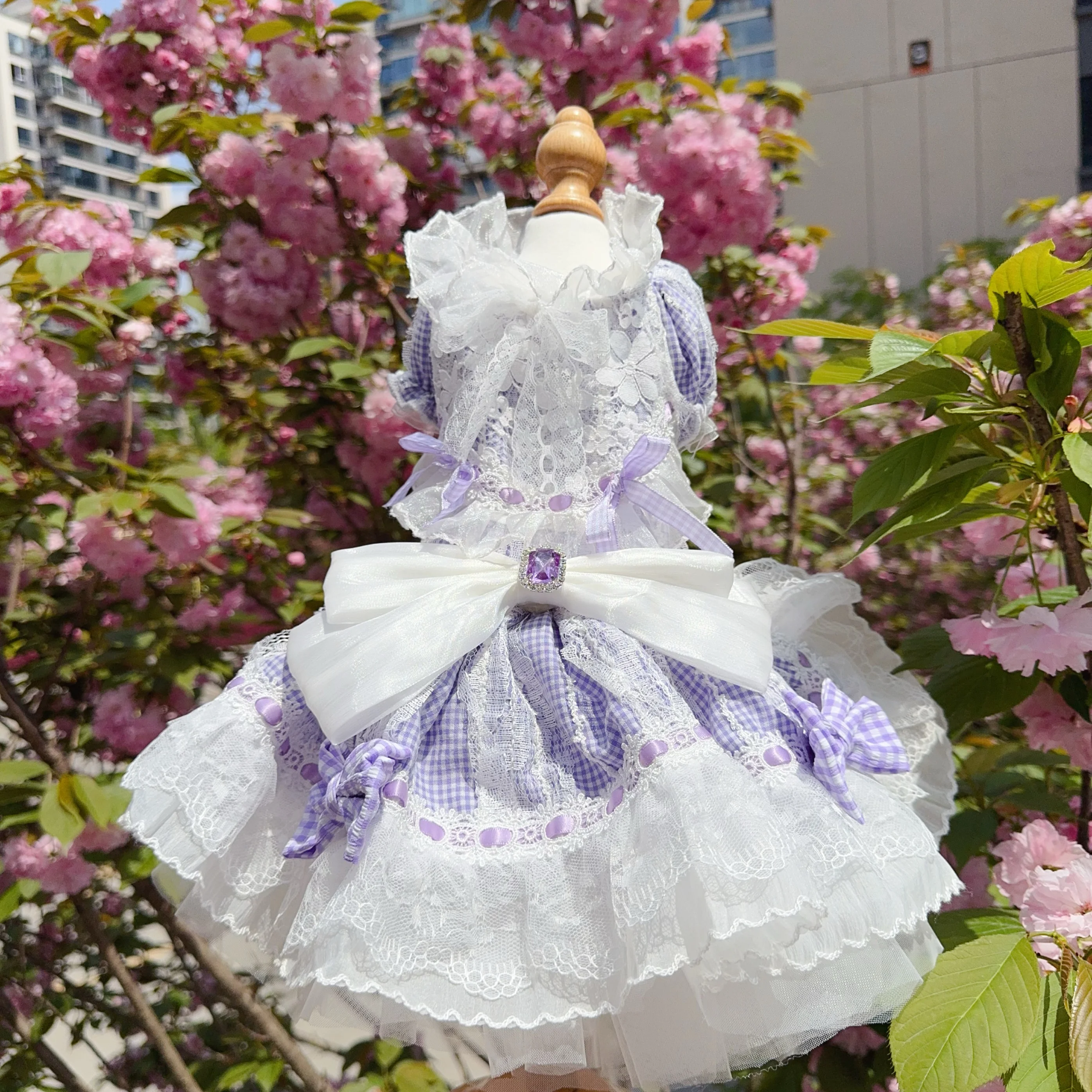 

Lovely Pet Dog Cats Clothes Red Black Purple Grid Lolita Party Princess Dresses For Small Medium Dogs Yorkshire Puppy Outfits