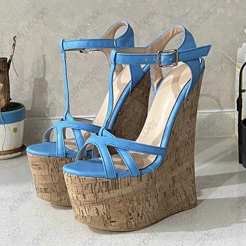 Ronticool Handmade Women T-strap Sandals Ultra High Wedges Heels Round Toe Classics Black Dress Shoes Ladies US Plus Size 5-15