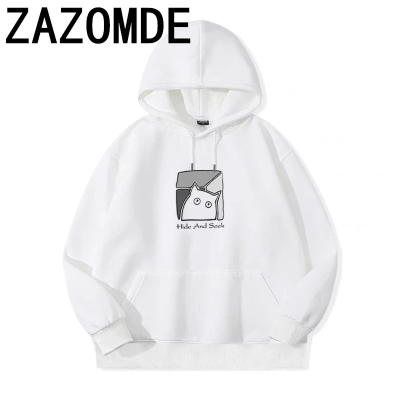 ZAZOMDE Japanese Simple O-neck Sweatshirt Autumn Winter Cat Printed Long-sleeved Casual Loose Coats Men Hoodies Male Clothes