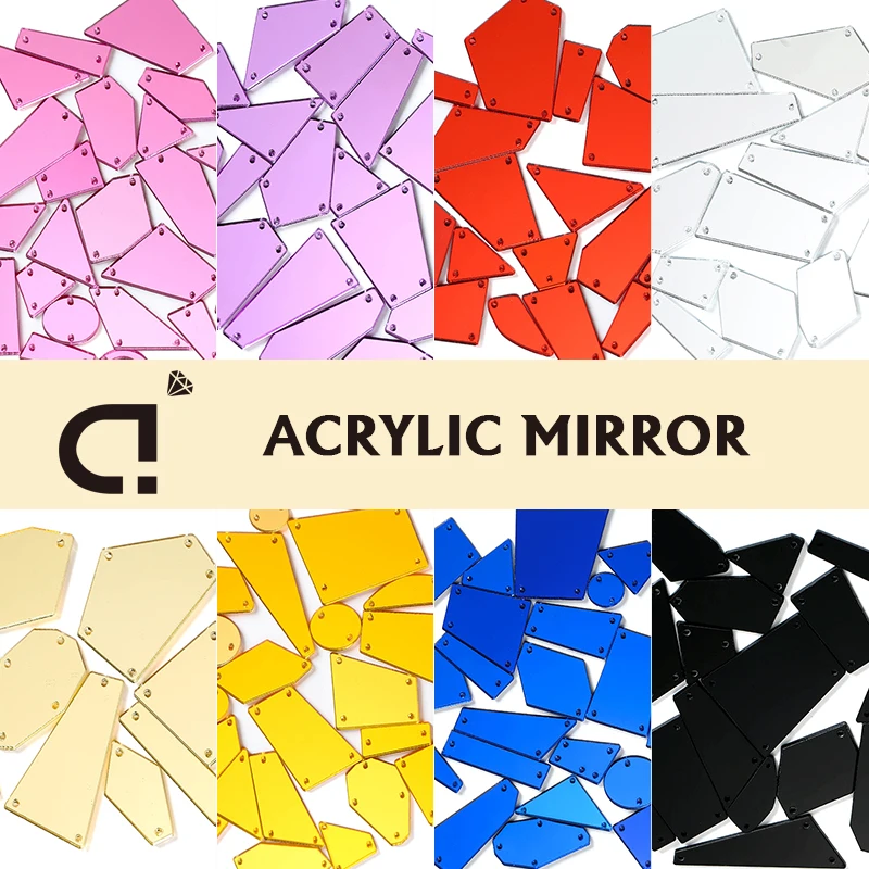 VCCRYSTAL 30/100pcs Mix Shape Sewing Acrylic Mirror FlatBack DIY Acrylic Mirrored Rhinestones for Evening Dresses Garment