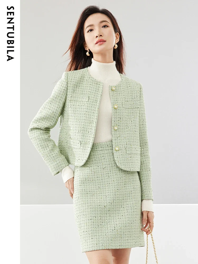 

SENTUBILA Elegant Tweed Skirt Two Pieces Sets Women 2025 Autumn Round Neck Single Breasted Jacket Mini Skirts Outfits 133Z51615