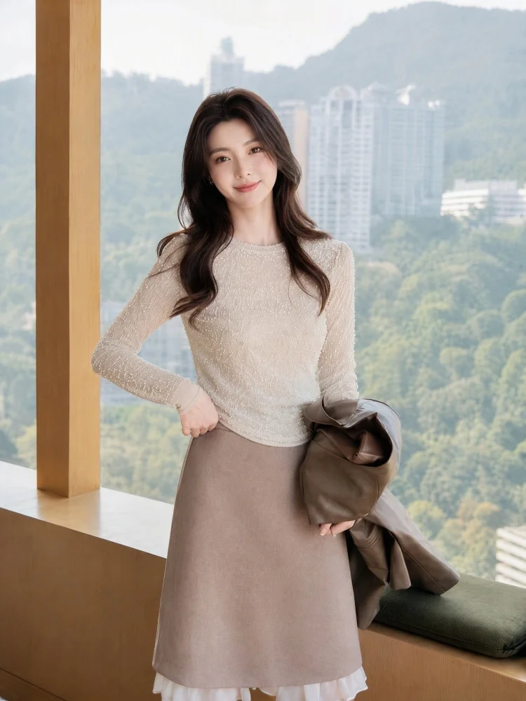 Two-tone Yarn Women Midi Skirt, Lace Hem Patchwork Design, A-line Flowy Skirt, Slim Fit Elegant Fall Skirt
