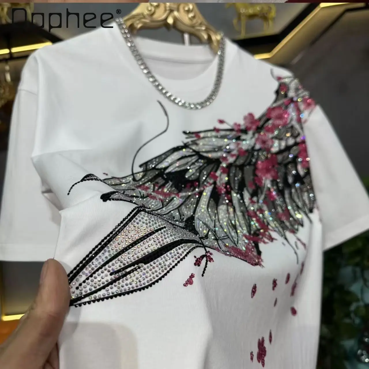 2026 Summer New Men White Black Cherry Blossom Wing Rhinestone Print Loose Casual Daily Short Sleeve Streetwear T-shirt