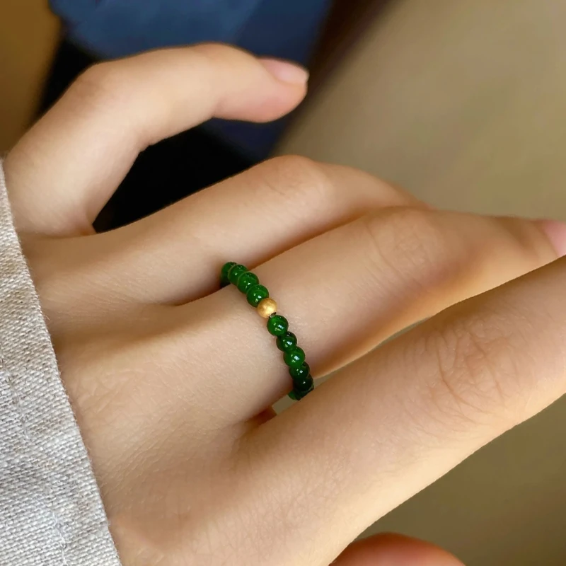 Vintage and small green round beads natural chalcedony rings for women new in Chinese style elastic rope ring jewelry gift