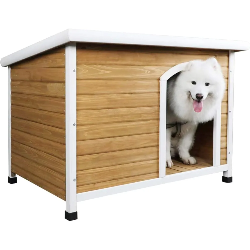 Petsfit Wooden Dog House for Medium to Large Dogs, Yellow and White, large/45.6