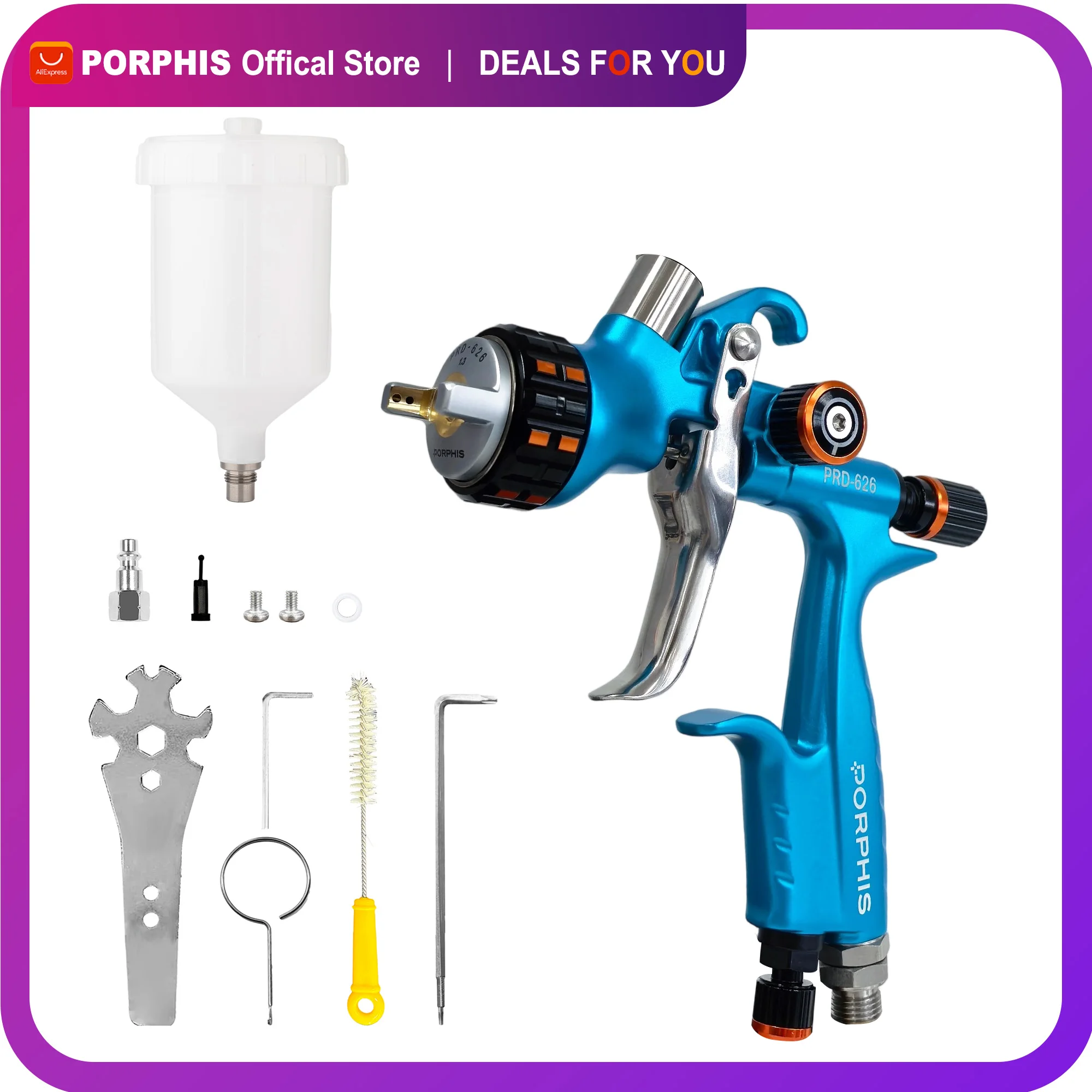 

Original PORPHIS HVLP Spray Gun PRD-626 1.3mm Nozzle with 650ml white plastic cup For Car Painting Aerograph Repair Spray Gun