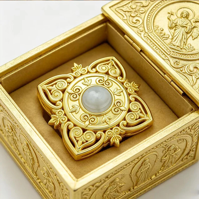 New 2026 Ornate Carved Reliquary Box with Gold Plating & Cat's Eye Gem for Storing Ashes/Holy Relics Church Altar Prayer Decor