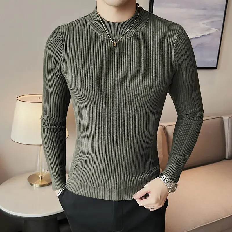 

Trend Fashion Autumn Winter New T-shirt Men Mock Neck Simplicity Casual Long Sleeve Slim Pullovers Knittd Bottoming Shirt Tops