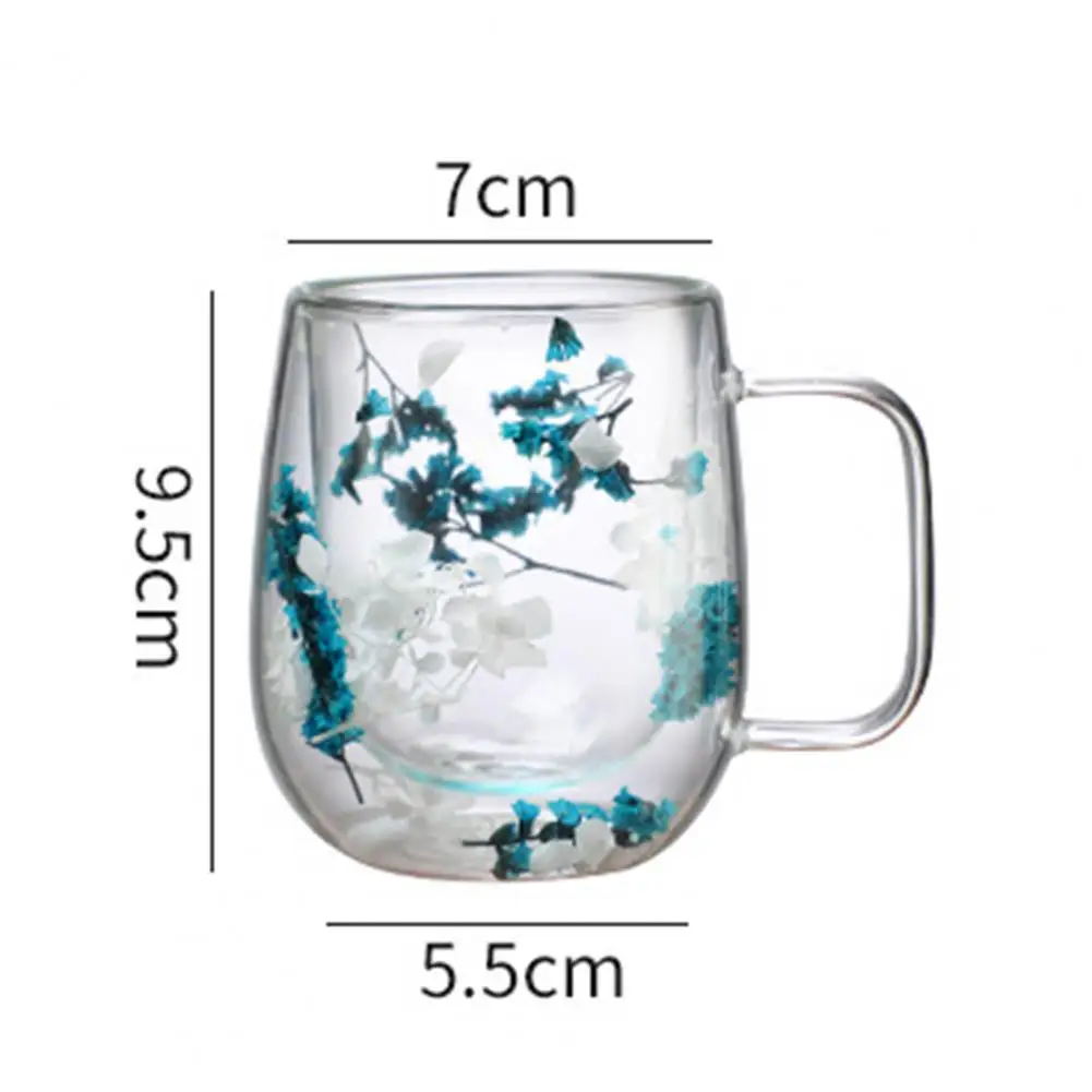 Glass Cup 250ml Double Walled Glass Mug with Handle Insulated Floral Coffee Tumbler Heat Preserving Wide Mouth Cup for Tea