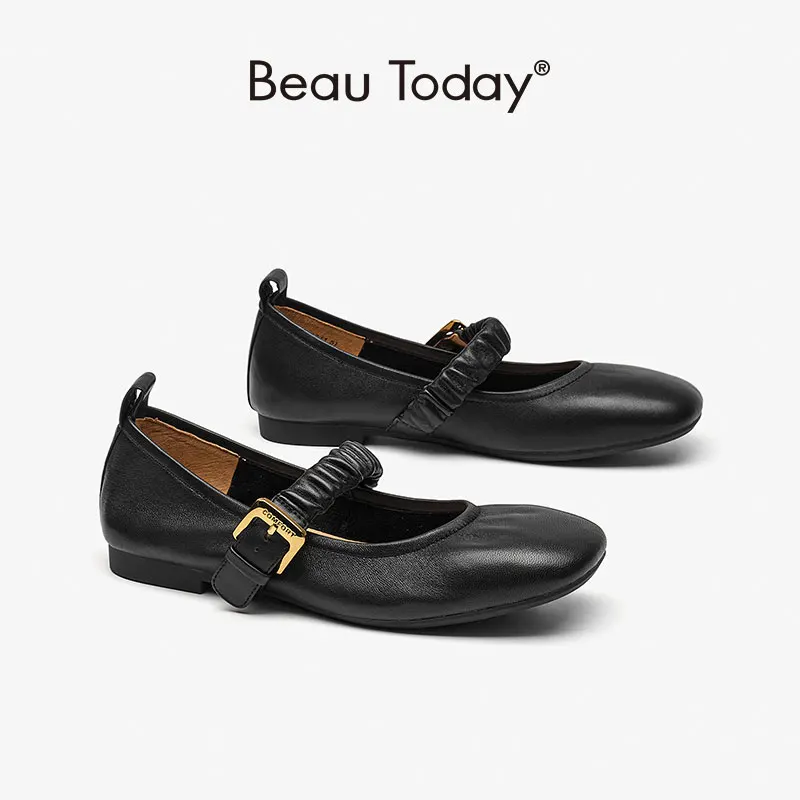 

BeauToday Mary Jane Shoes Women Sheepskin Leather Round Toe Metal Buckle Strap Shallow Casual Summer Ladies Flats 28276