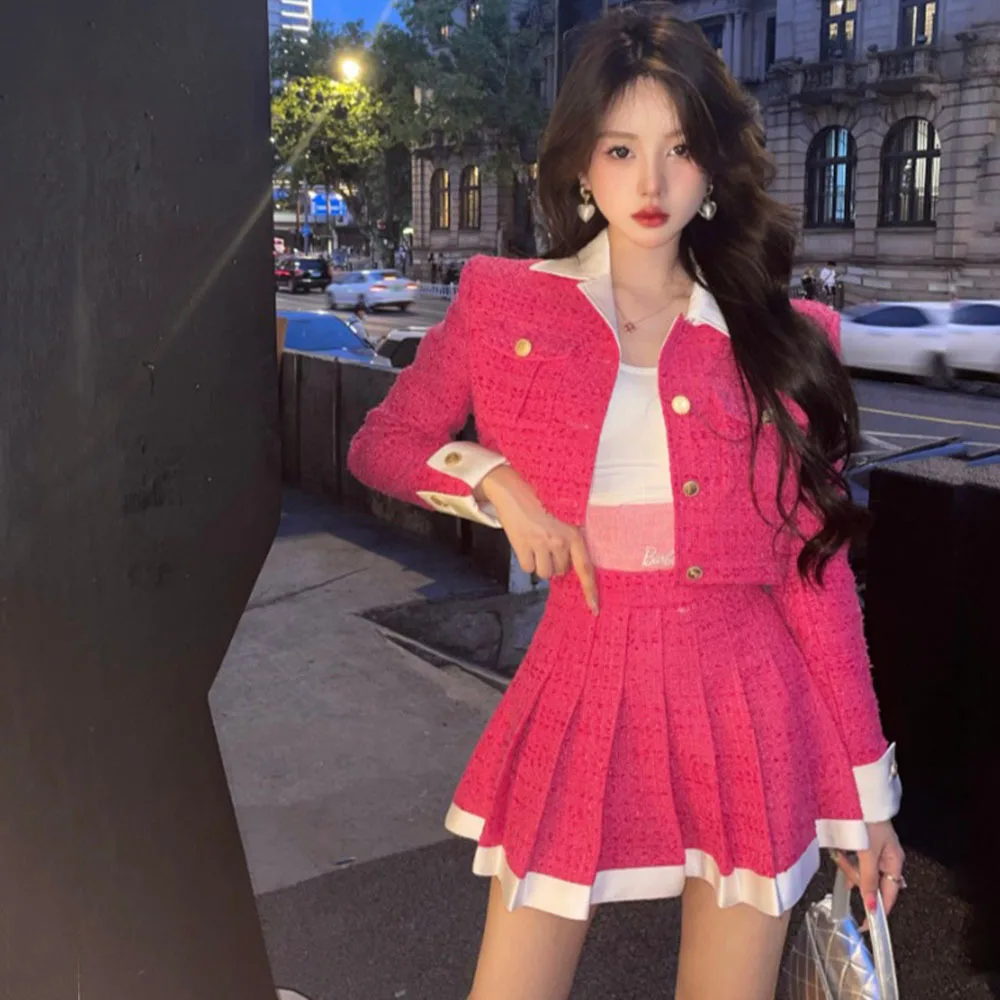 Rose Pink Elegant Slim Skirts Suit Two Piece Sets Women Fashion Tweed Short Jacket Blazer + Sexy Mini Pleated Skirt Sweet Suits