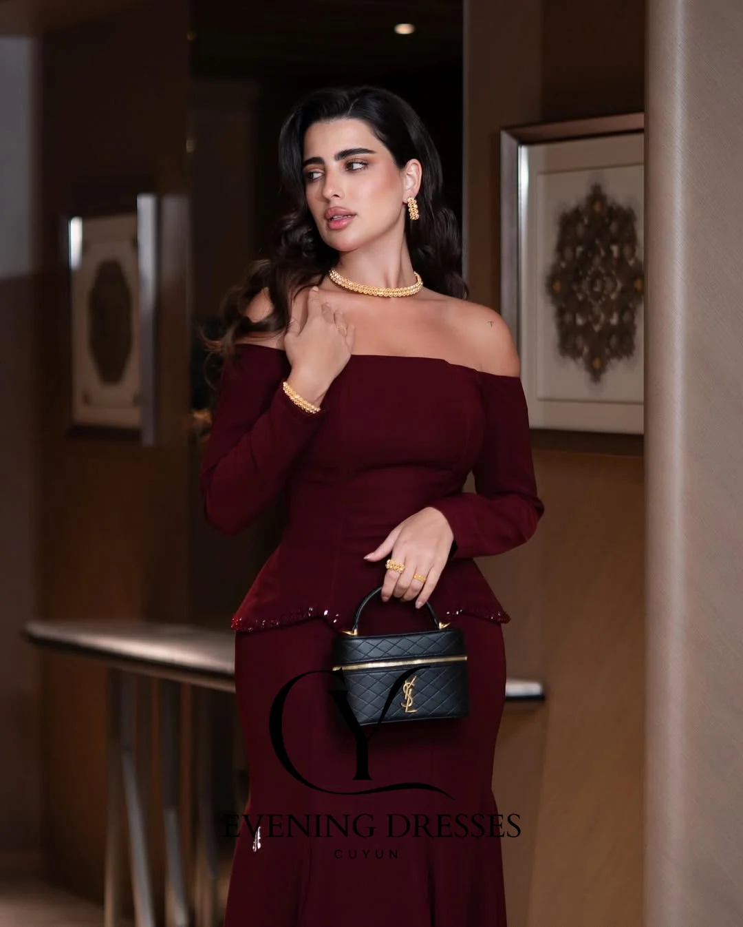 Gaun Pesta Malam Wanita Elegan CUYUN, Model Trumpet Off-the-shoulder dengan Glitter, Desain Khusus untuk Acara Spesial