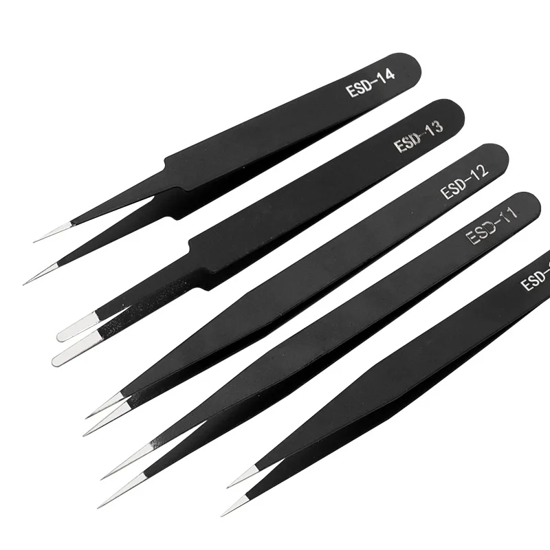 ESD Safe Stainless Steel Tweezers Set - Straight  Curved Tips for Precision Maintenance Industrial Electronics Repair Tools