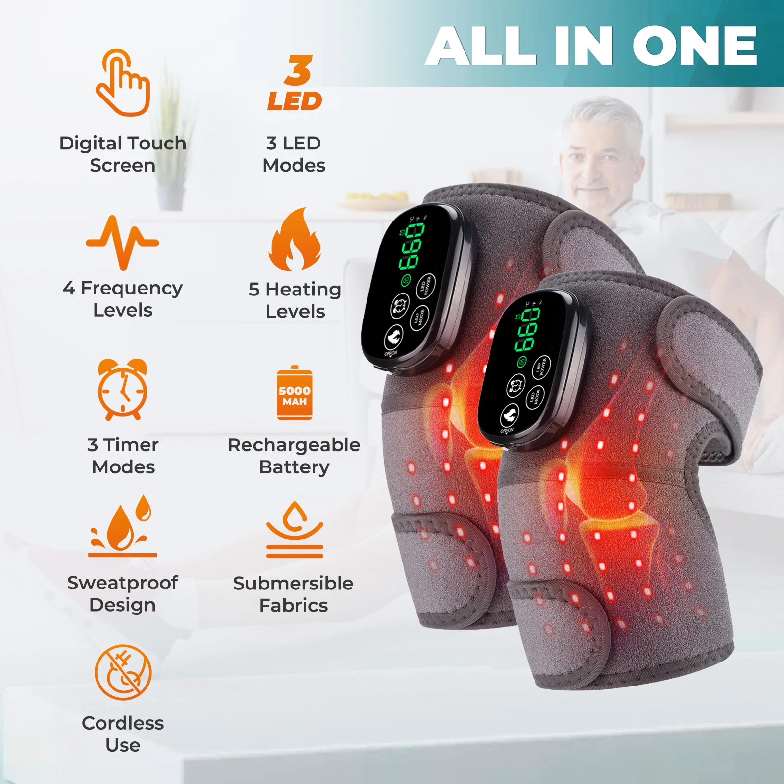 

3-в-1 перезаряжаемый светодиодный наколенник, многофункциональный 650 нм 850 нм, инфракрасный красный свет с подогревом, наколенник, расслабление мышц суставов ног