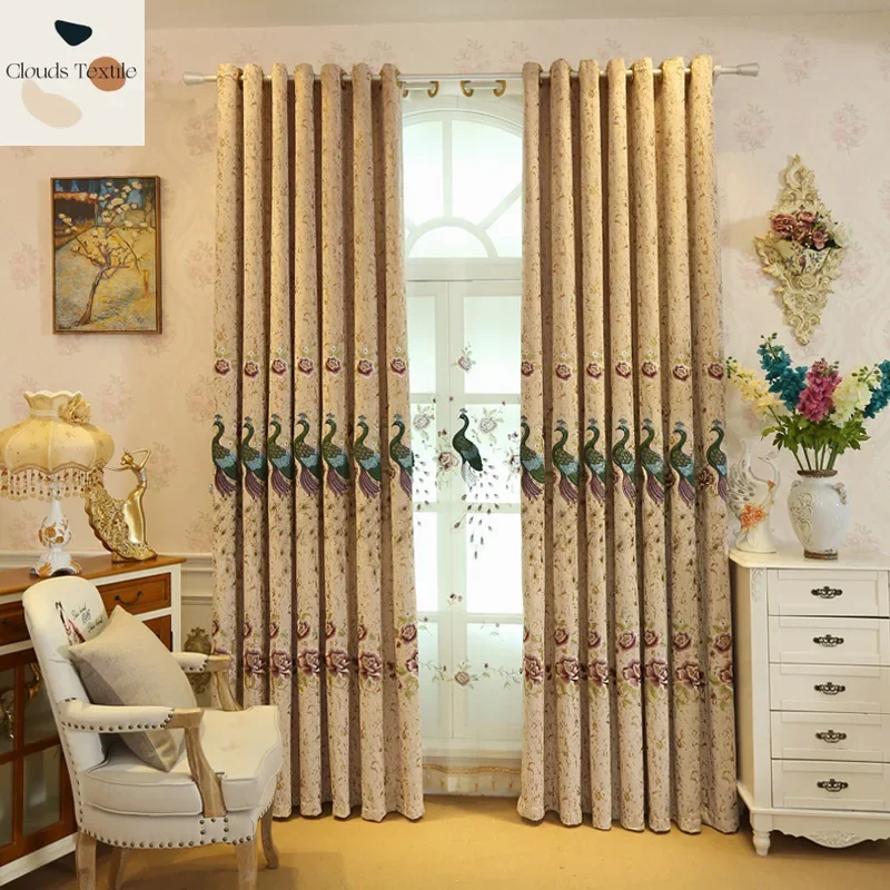 

European-Style Embroidery Luxury Chenille Curtains for Living Dining Room Bedroom Cashmere Peacock Curtains Customize