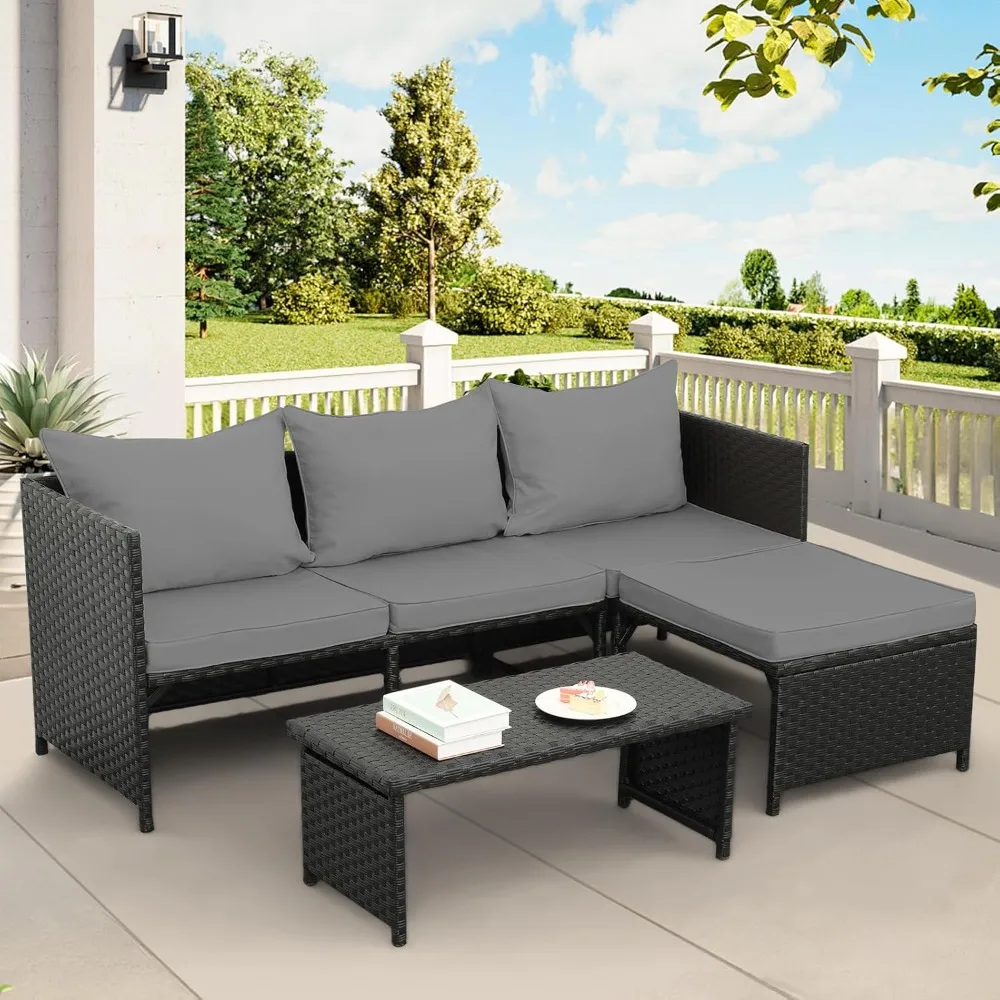 

3-Piece Outdoor PE Rattan Furniture Set Patio Black Wicker Conversation Loveseat Sofa Sectional Couch Gray Cushion