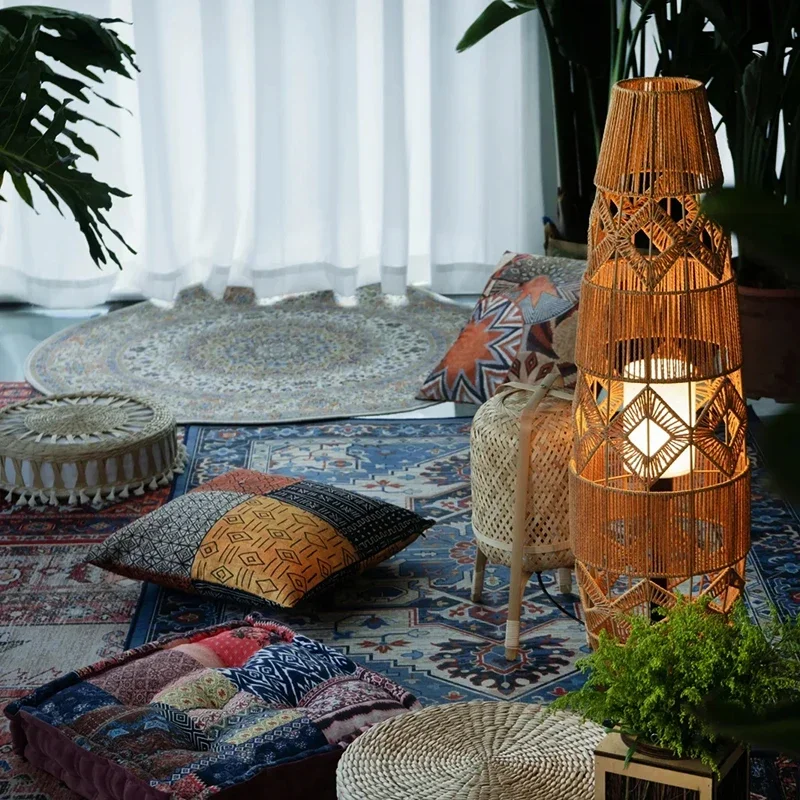Japanese Wabi Sabi Retro E27 Hemp Rope Rattan Weaving Floor Lamp Homestay Living Room Bedroom  Home Decor Handmade Pendant Light