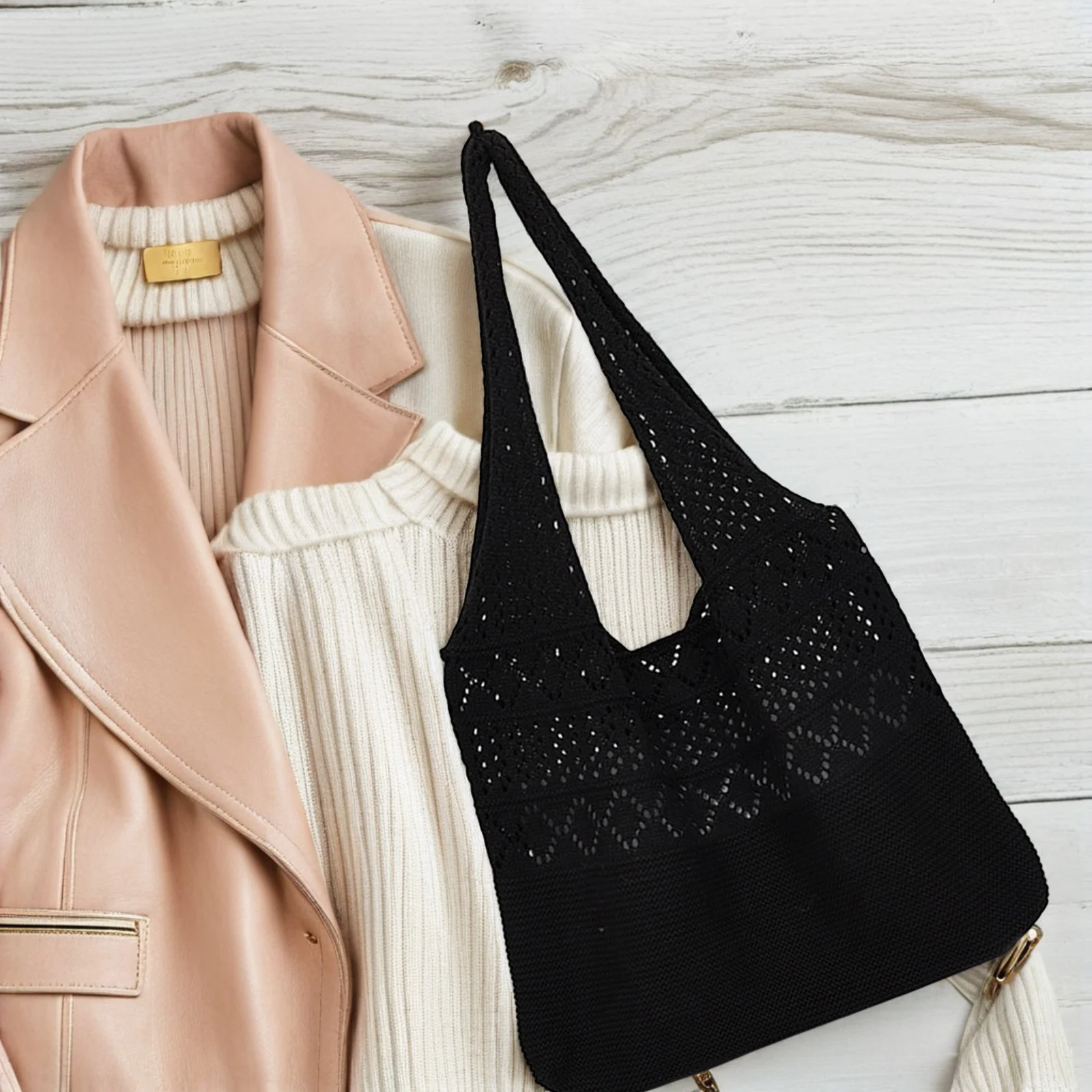 

1pc Knitted Bag Hollow Design Black Women Sling Shoulder Tote Cute Handbag Lightweight Polyester Crochet Knit Fashion Bag