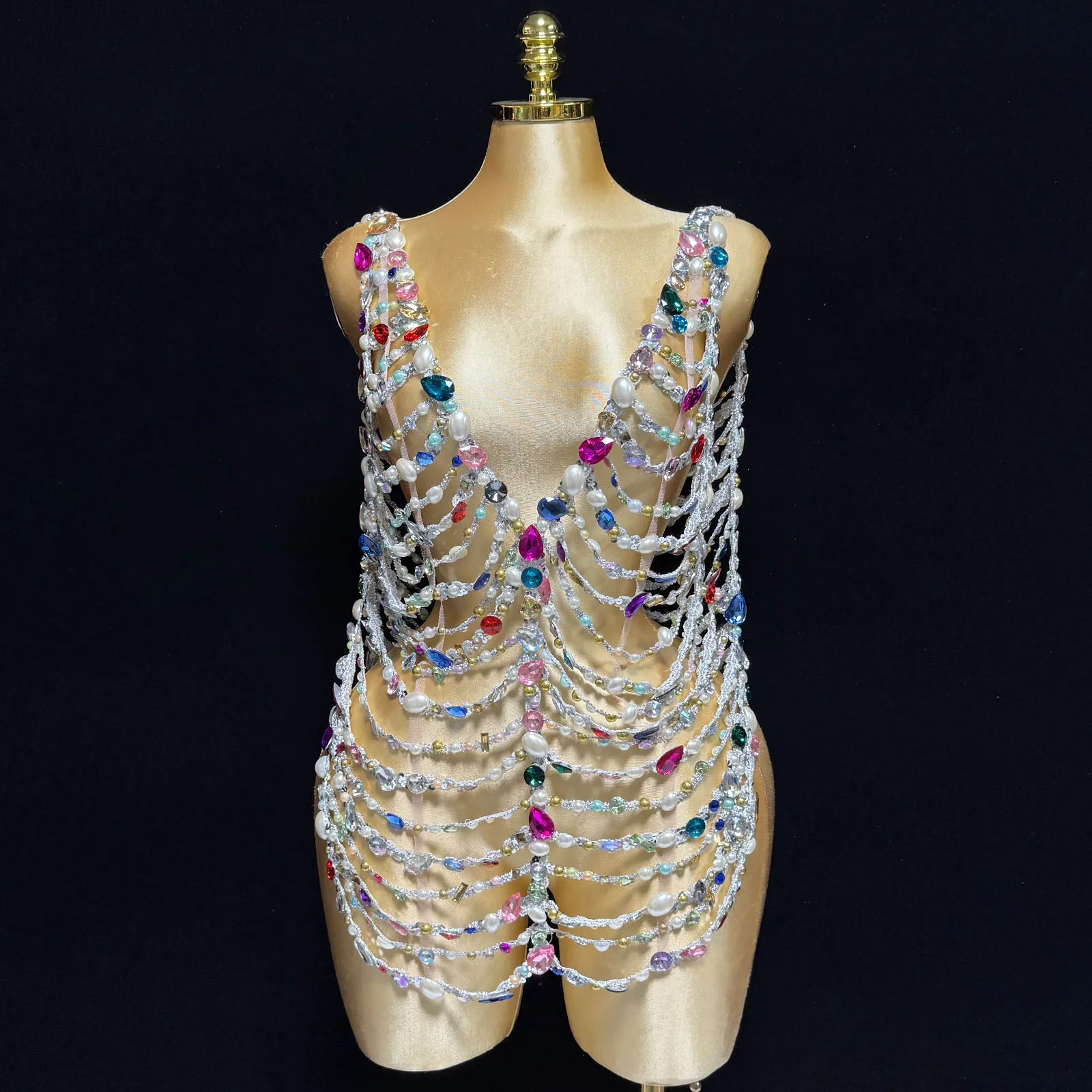 

Pearl crystal Exterior decoration hollow out Tops Show Girl Stage Women Nightclub Birthday Singer Performance Drag Queen Costume