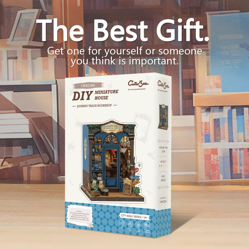 CUTEBEE DIY Booknook Kit Miniature Dollhouse with Light Bookshelf Insert Home Decor Wooden 3D Puzzle for Journey Trace Bookshop