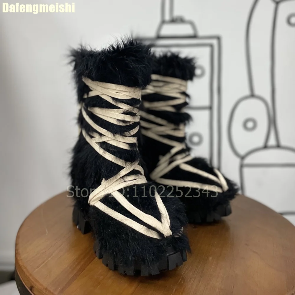 Cross Strap Fur Snow Boots 2026 Winter New Platform Wedges Knee-High Boots Lace-Up Fashion Large Size 46 Women/men Boots
