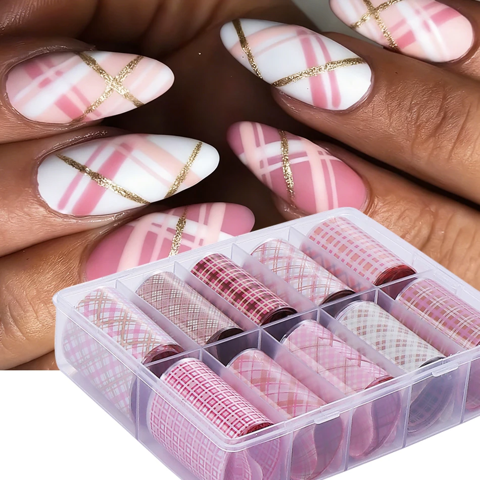 1Box Pink Checkered Pattern Nail Transfer Foils Sticker Design Nail Slider Transfer Adhesive Gel Polish DIY Manicure Decoration
