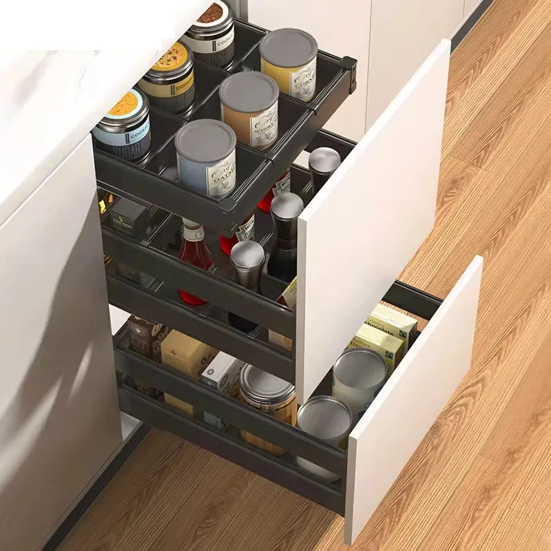 

Seasoning basket kitchen cabinet aluminum alloy three-layer drawer type multi-functional seasoning storage rack damping track