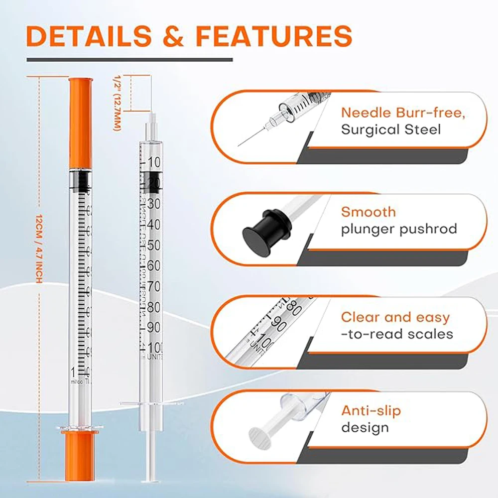 U-100 Insulinspritze 1 ml 29 G 1/2'' (12,7 mm) Nadel | 100 Stück einzeln versiegelt | Einweg- und sterilisiert für Haustiere – Detail 3