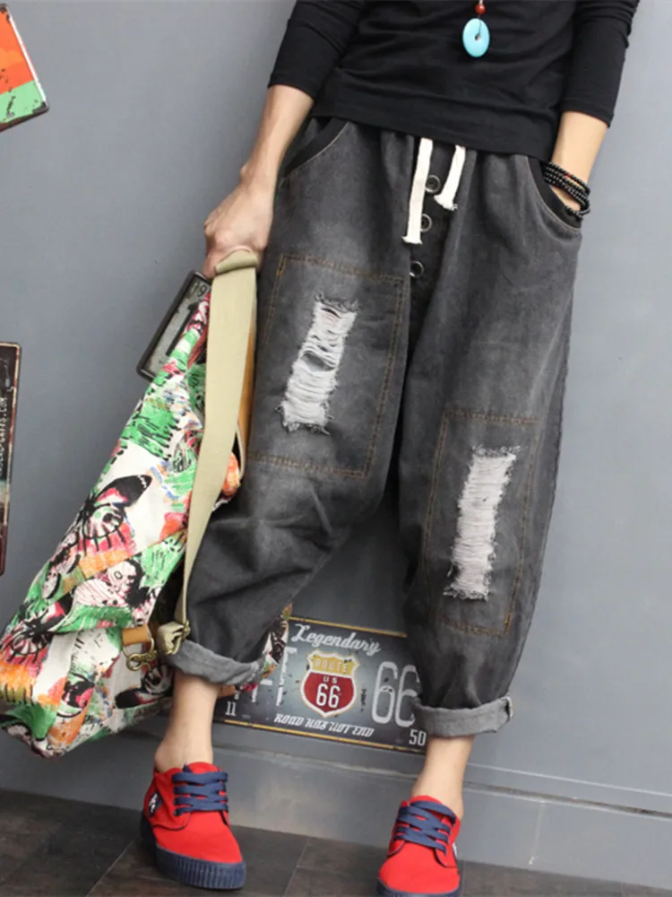 

TIYIHAILEY Женские брюки до щиколотки, джинсовые брюки, эластичная талия, повседневные брюки 3/4 с дырками, черные, новая мода 2025 г.