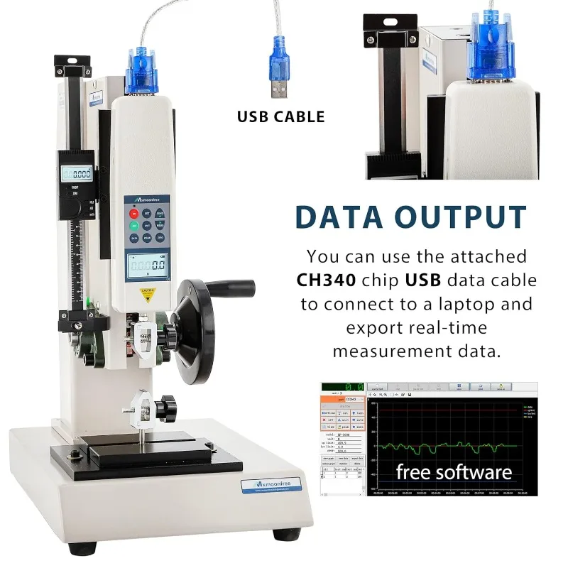 500 N digitales Push-Pull-Kraftmessgerät, mit Push-Pull-Kraftmessgerät-Halterung, manuelle Push-Pull-Testbank auf Rollen, Federweg 180 mm/7