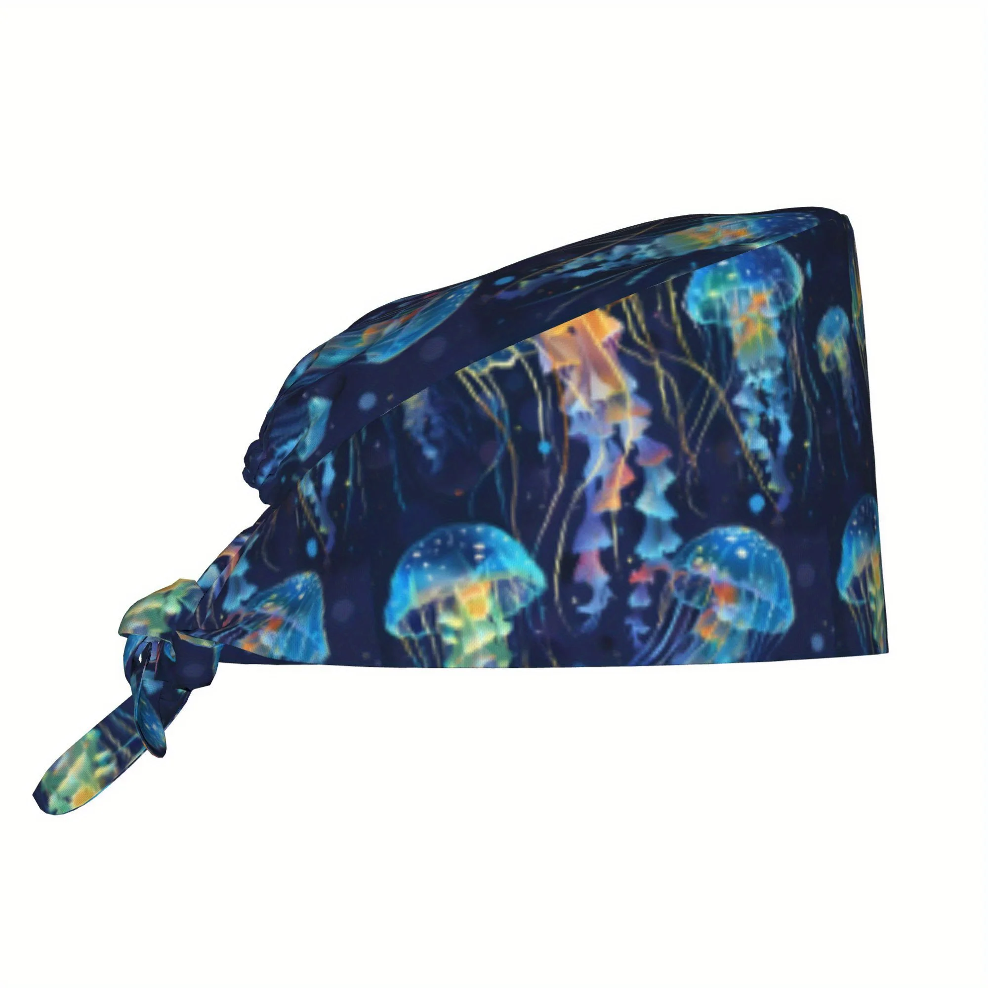 1pc Women'S Stylish Jellyfish Print Work Cap - Lightweight, Adjustable, Tie-Back Nurse Hat, Dustproof Chef & Cooking Cap, Comfor
