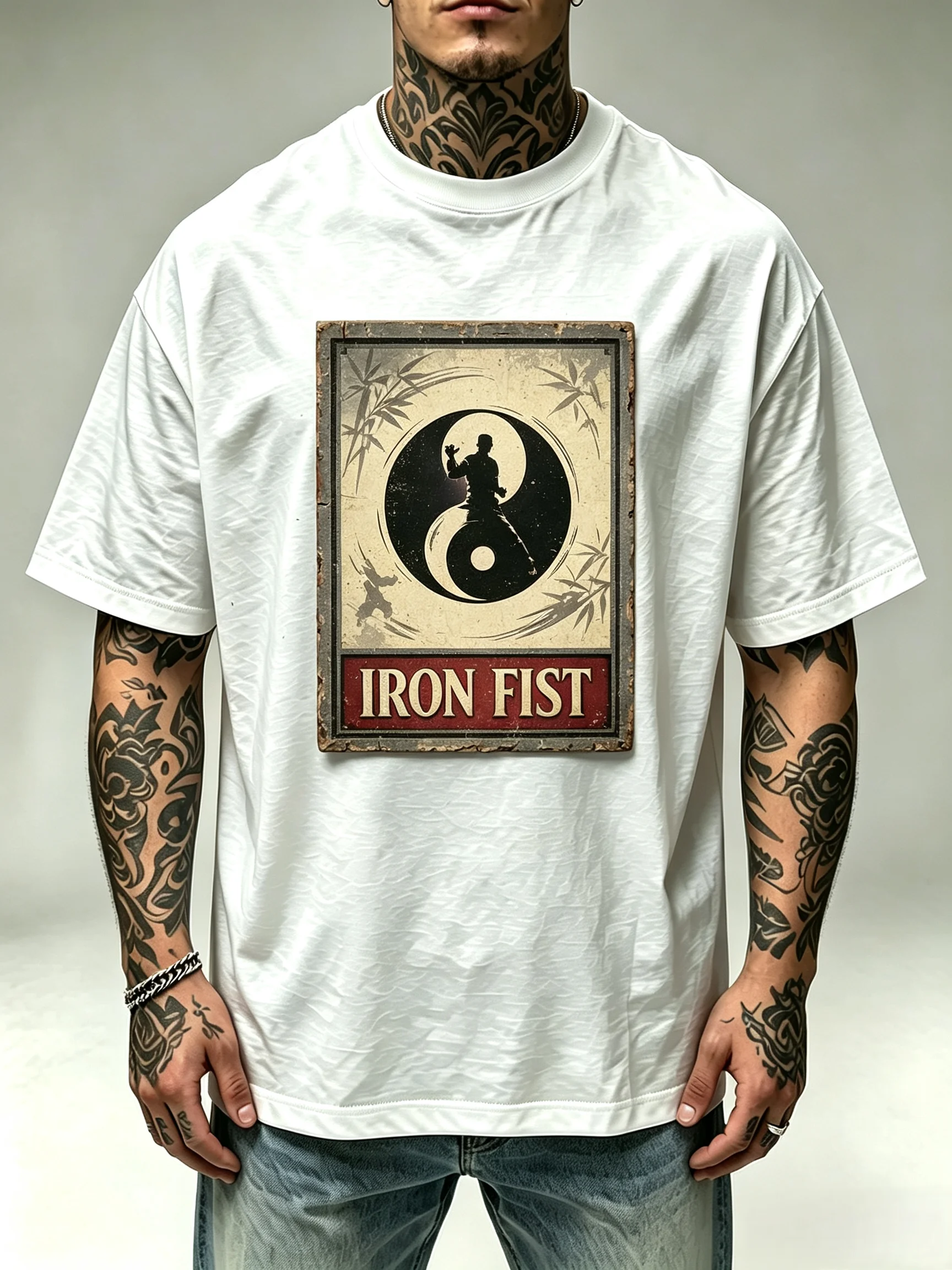 Unisex Iron Fist Yin Yang Tai Chi Kung Fu Warrior T Shirt Men Women Vintage Bamboo Martial Arts Graphic Oversized Short Sleeve Street Tops