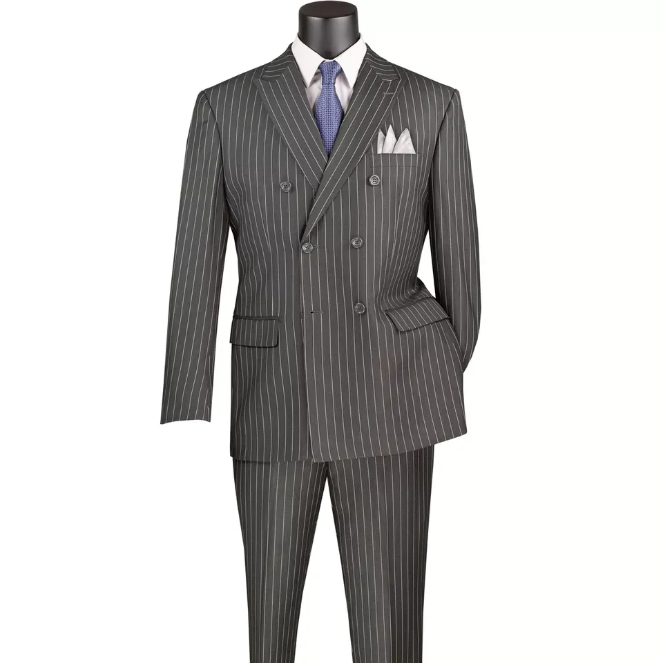 Smoking da sposa per uomo completi da lavoro 2 pezzi Set giacca doppia intrecciata pantaloni a righe grigio scuro personalizza